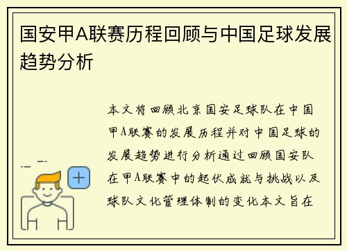 国安甲A联赛历程回顾与中国足球发展趋势分析